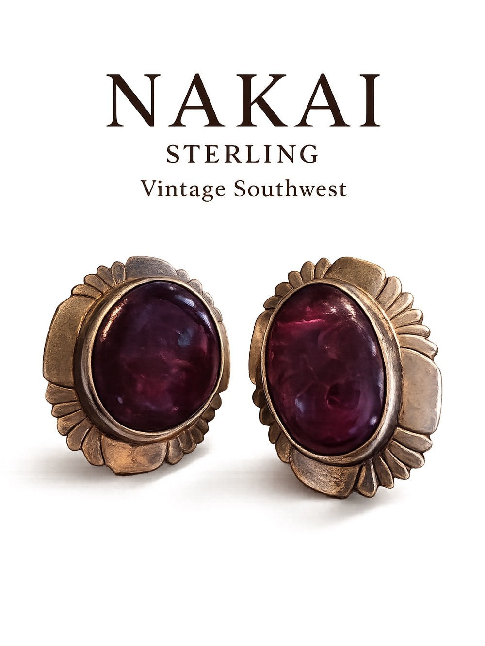 NAKAI Sterling Silver Vintage Southwest Purple Cabochon Earrings
